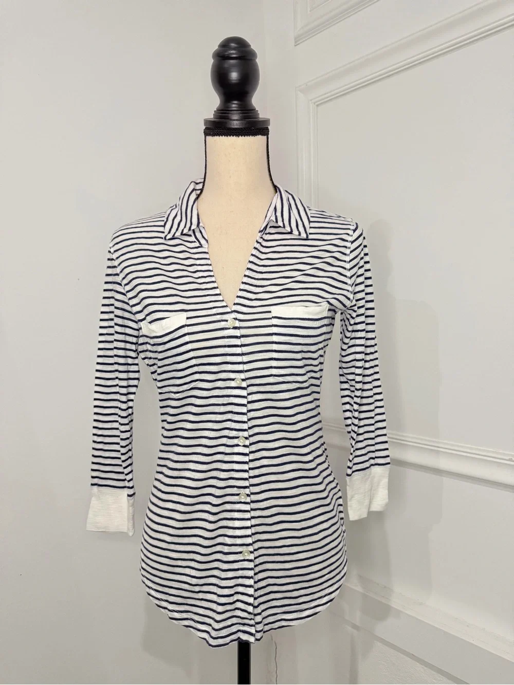 Express Navy and White Striped Button-Front Sleep Shirt